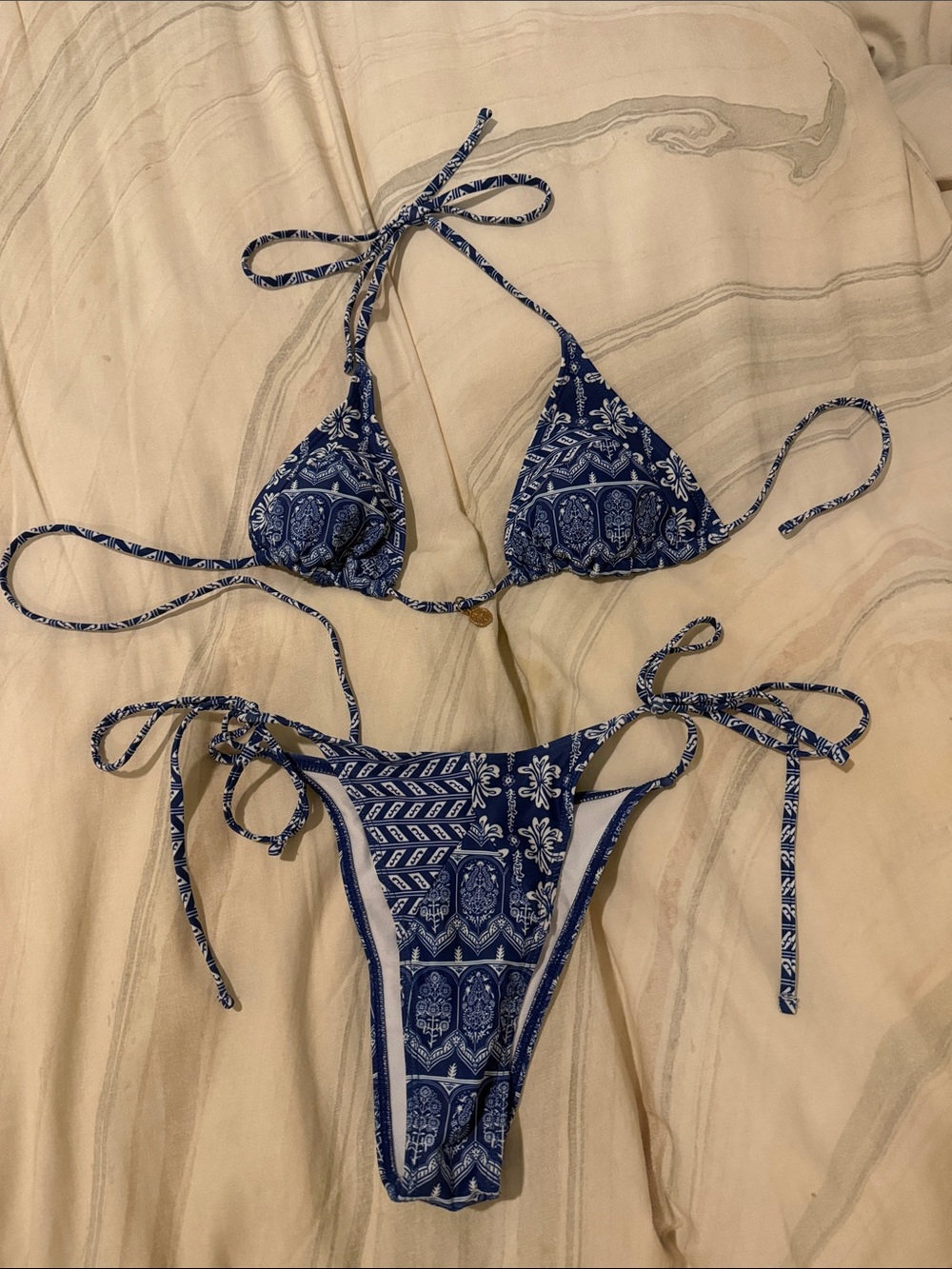 SHEIN Blue White Paisley Print Triangle String Bikini